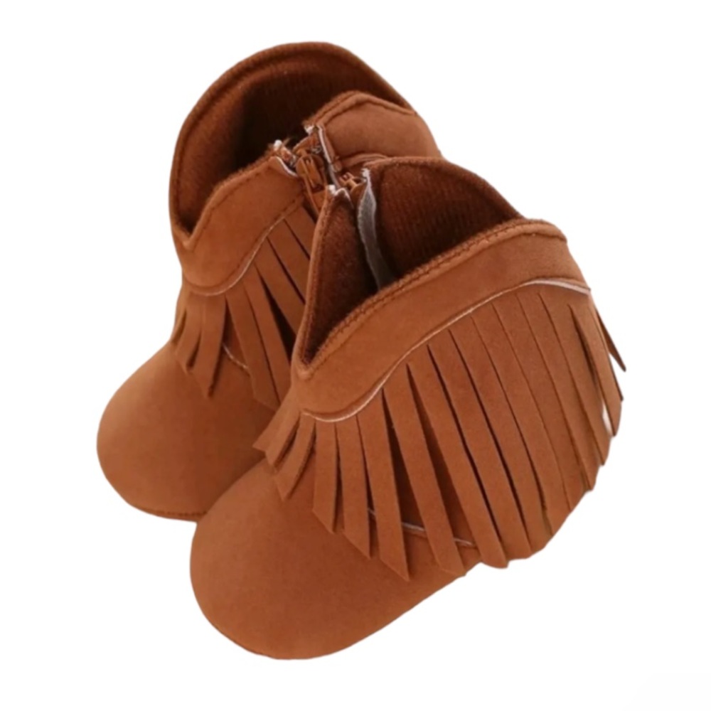 NEW! Western Boots For Baby Fringe Decor Zipper Side Boots Brown 0-6 Months